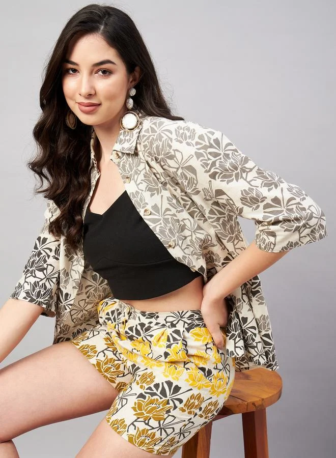 WineRed Women Floral Print Oversized Shirt and Shorts Co-Ords